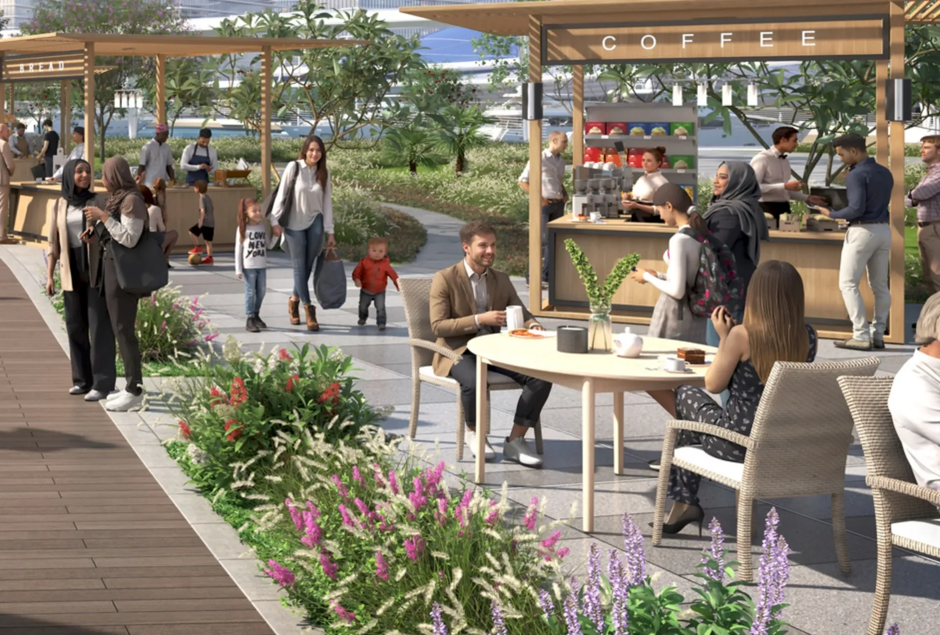Waterfront promenade and community spaces at Sobha City